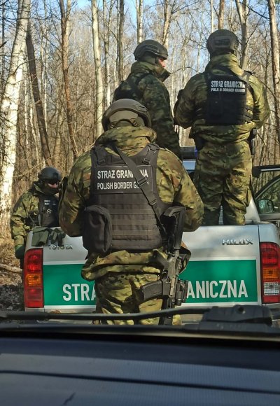 Border Guard uniformed characters on a film set